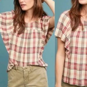 Maeve Priscilla Red Plaid Flutter Blouse LARGE